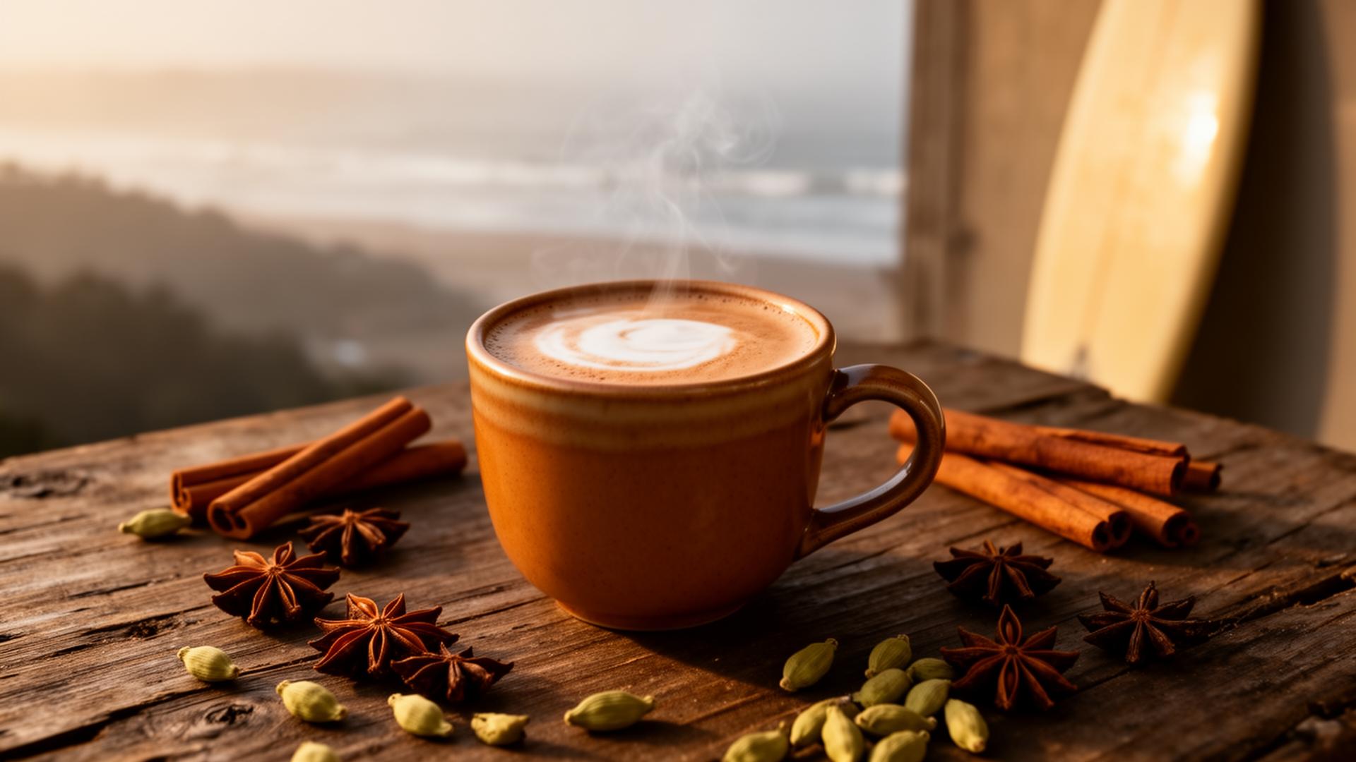 Steaming chai latte in a warm ceramic mug overlooking the Pacifica coast at sunrise, with cinnamon sticks and cardamom pods scattered on a wooden surface